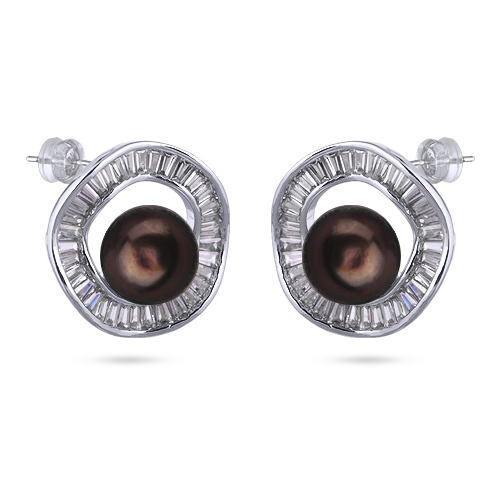 Серьги (жемчуг шоколад 9мм, фианит; покрытие родий)