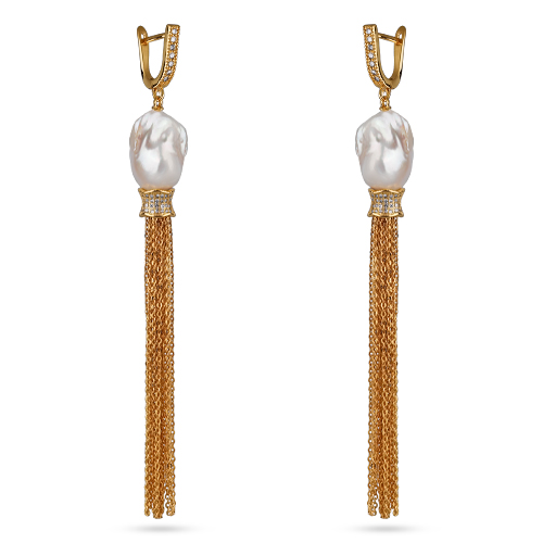 Серьги (жемчуг белый 20мм, белый фианит; покрытие золото)