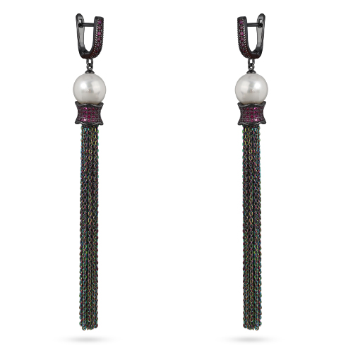 Серьги (Майорка белая 10мм, фианит фуксия; покрытие черный родий)