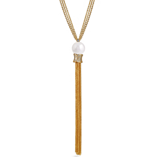 Кулон (Майорка белая 16мм, белый фианит; покрытие золото) 85-90см