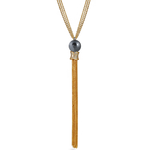 Кулон (Майорка темно-серая 16мм, белый фианит; покрытие золото) 85-90см