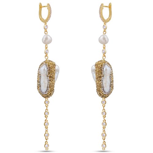 Серьги (жемчуг барочный белый, кристаллы шампань; покрытие золото)