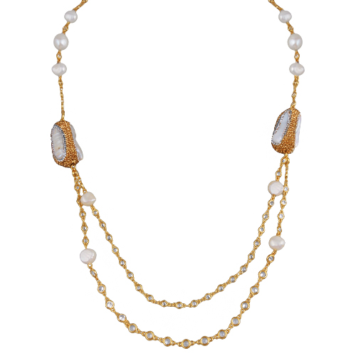 Колье (жемчуг барочный белый, кристаллы шампань; покрытие золото) 95см