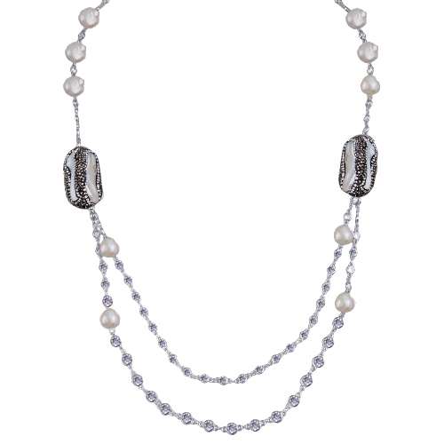 Колье (жемчуг барочный белый, кристаллы черные; покрытие родий) 95см