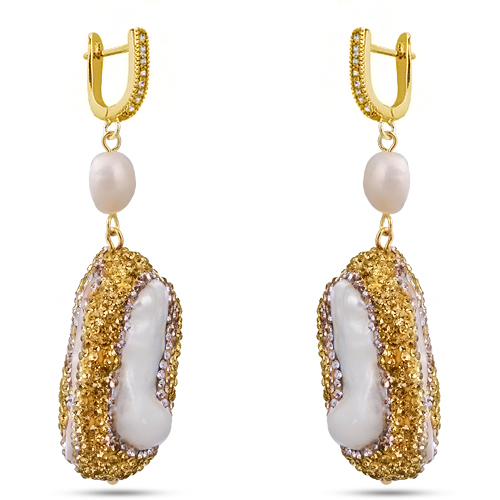 Серьги (жемчуг барочный белый, кристаллы шампань; покрытие золото)
