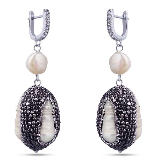 Серьги (жемчуг барочный белый, кристаллы черные; покрытие родий)