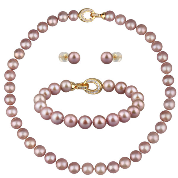 Комплект Эдисон пыльная роза (жемчуг 12-14мм; покрытие золото) 44-46см