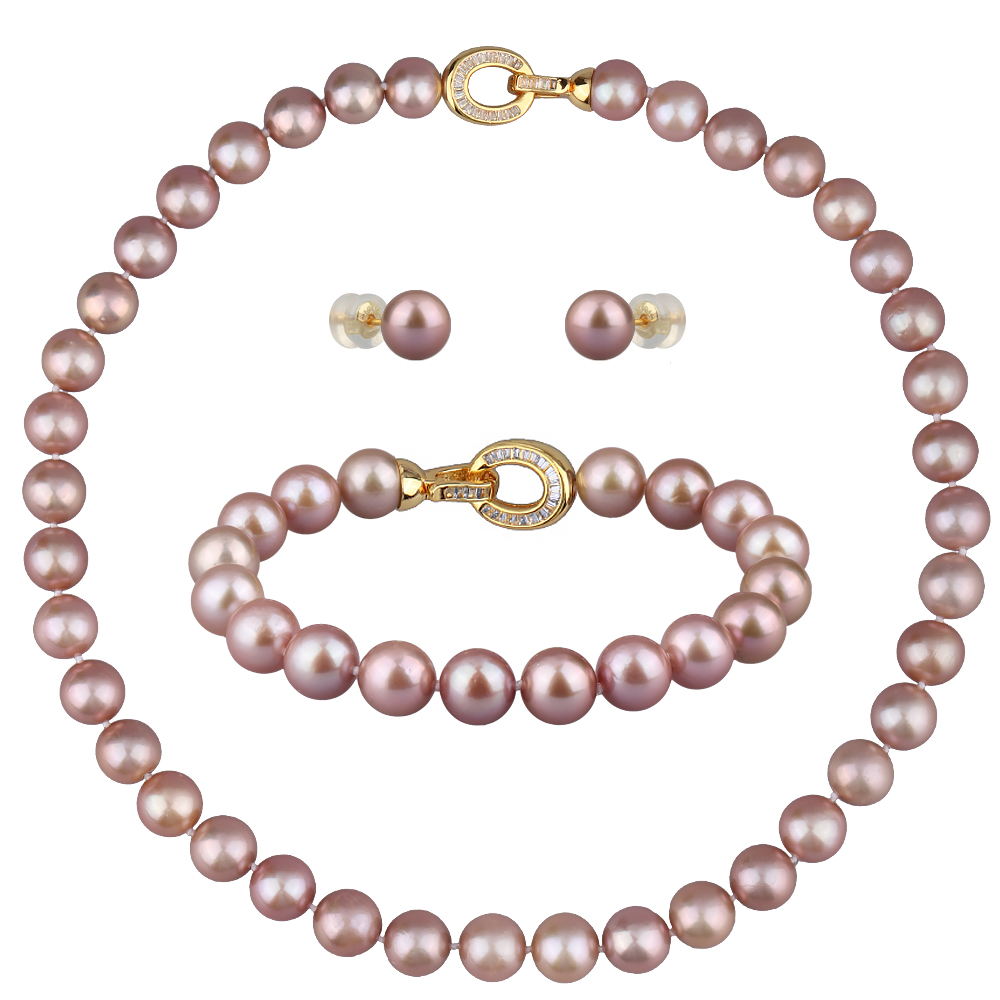 Комплект Эдисон пыльная роза (жемчуг 12-14мм; покрытие золото) 44-46см