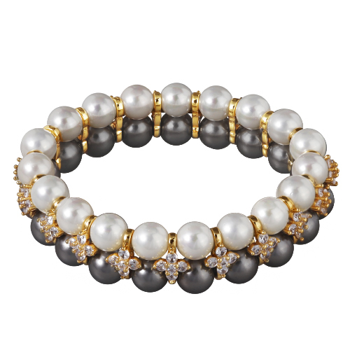 Браслет Вальс (Майорка 7мм белая, темно-серая, фианит; покрытие золото)