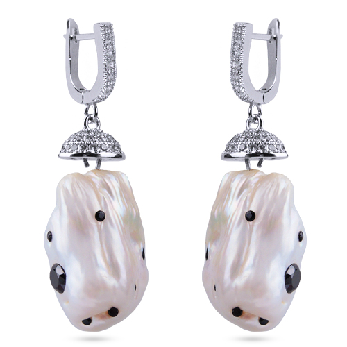 Серьги (жемчуг барочный белый, кристаллы черные; покрытие родий)