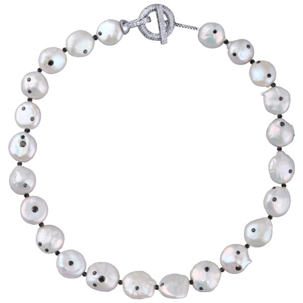 Колье (жемчуг белый, кристаллы черные; покрытие родий) 45см