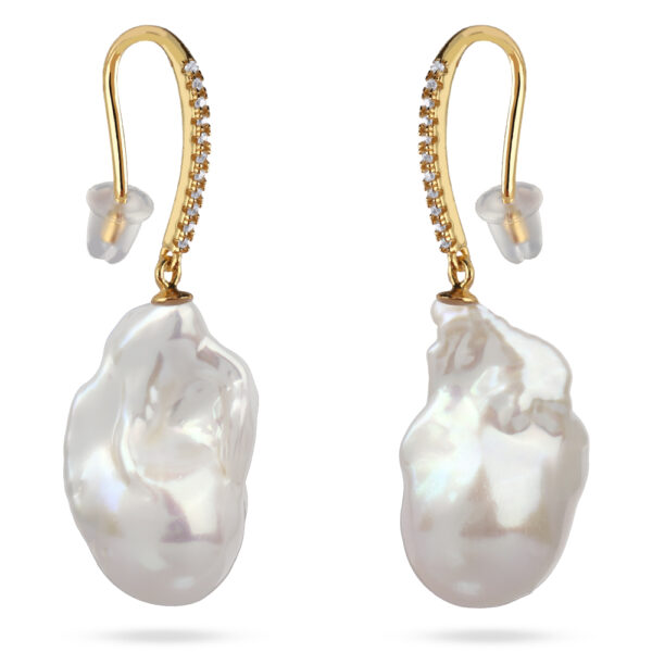 Серьги Барокко (жемчуг белый 27мм, фианит; покрытие золото)