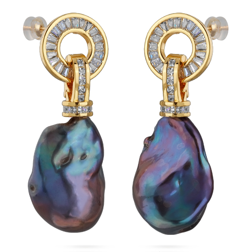 Серьги Барокко (жемчуг бензиновый, белый фианит; покрытие золото)