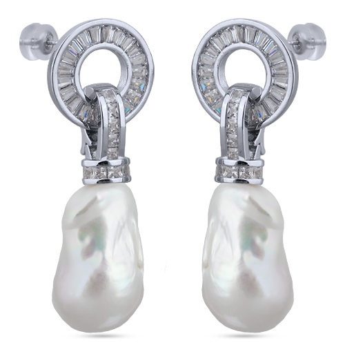 Серьги Барокко (жемчуг белый, белый фианит; покрытие родий)