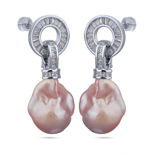 Серьги Барокко (жемчуг лососевый, белый фианит; покрытие родий)