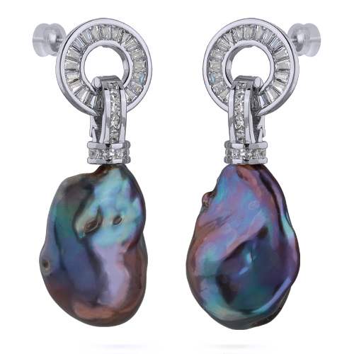 Серьги Барокко (жемчуг бензиновый, белый фианит; покрытие родий)