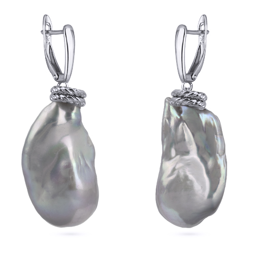 Серьги Барокко (жемчуг серо-голубой; покрытие родий)