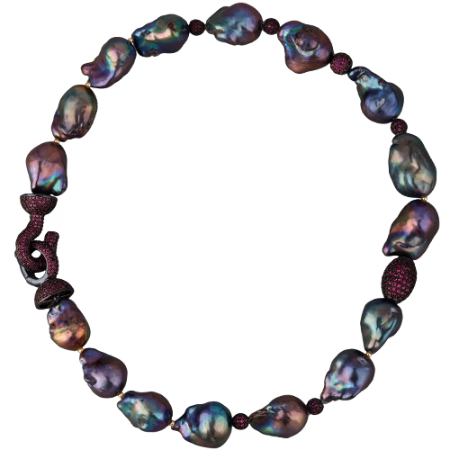 Колье Барокко (жемчуг 15-25мм бензин, фианит фуксия; черный родий) 42см