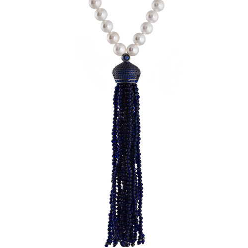 Колье (жемчуг 5-8мм белый, шпинель темно-синяя; черный родий) 46см