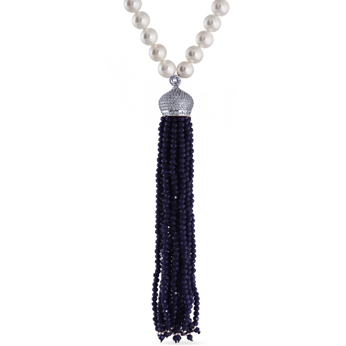 Колье (Майорка 8мм белая, кристаллы джинс 4мм; покрытие родий) 48-56см