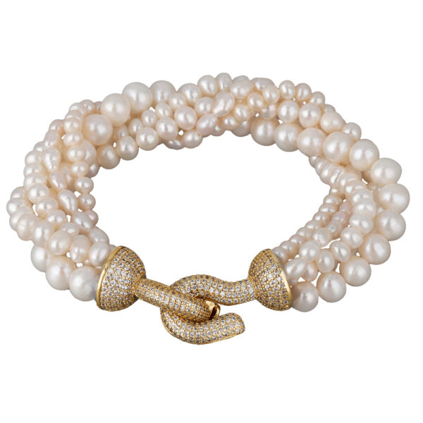 Браслет Течение (жемчуг белый 5-7мм, цирконы белые; покрытие золото) 20см