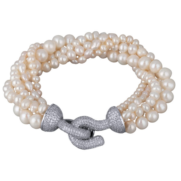 Браслет Течение (жемчуг белый 5-7мм, цирконы белые; покрытие родий) 20см