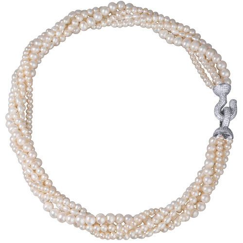 Колье Течение (жемчуг белый 5-7мм, белый фианит; покрытие родий) 50см