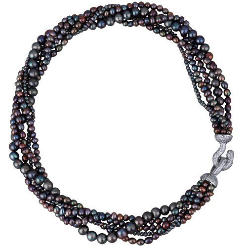 Колье Течение (жемчуг сине-фиолетовый 5-7мм, фианиты; родий) 50см