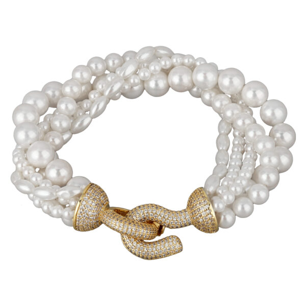 Браслет Течение (Майорка белая 4-6мм, фианиты; покрытие золото) 20см