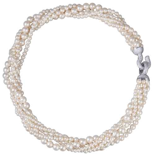 Колье Течение (Майорка белая 4-6мм, цирконы; покрытие родий) 50см