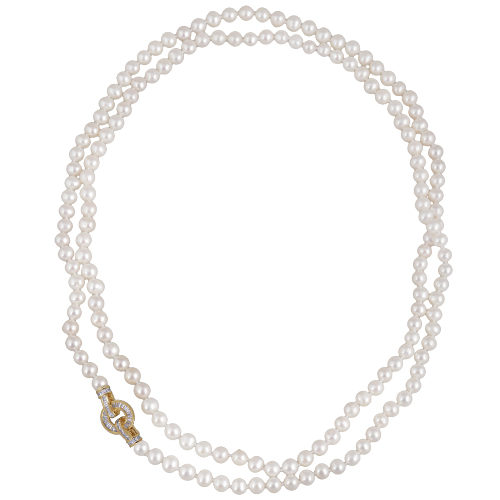 Колье (жемчуг белый 7-8мм, фианит; покрытие золото) 120см