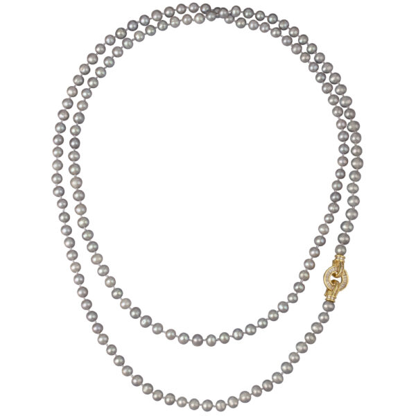 Колье (жемчуг серо-голубой 7-8мм, фианит; покрытие золото) 120см