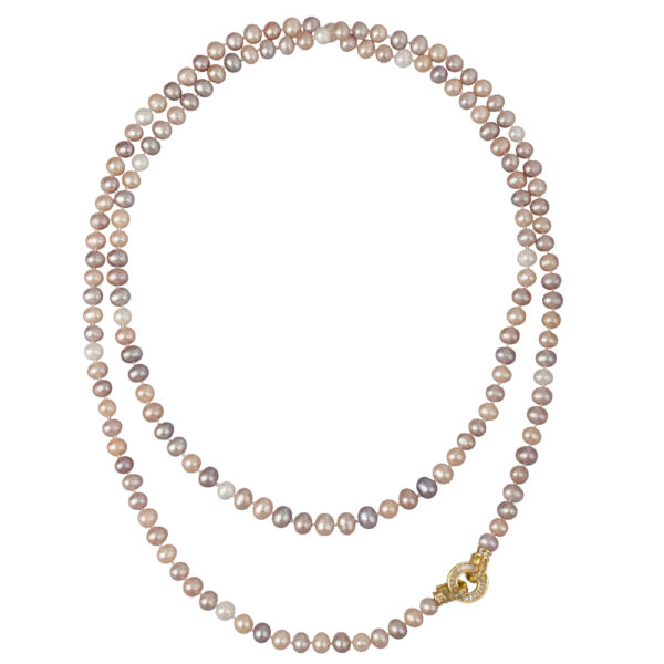 Колье (жемчуг розовый микс 7-8мм, фианит; покрытие золото) 120см
