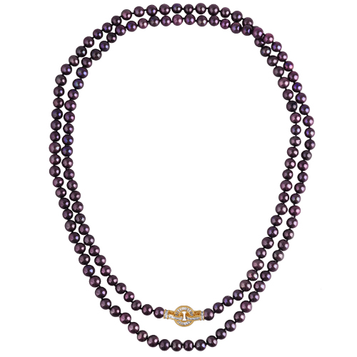 Колье (жемчуг баклажановый 7-8мм, фианит; покрытие золото) 140см