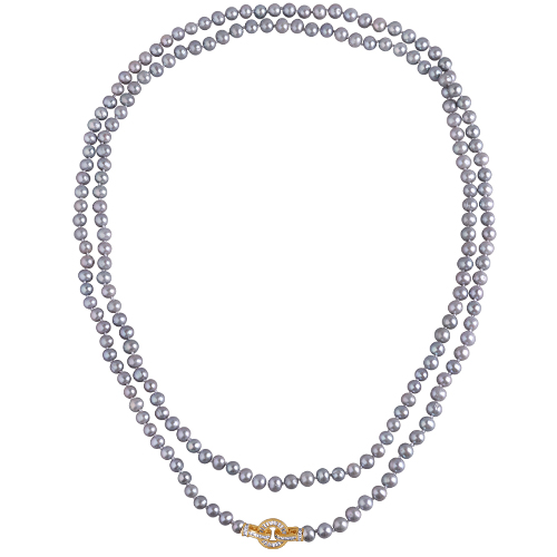 Колье (жемчуг серо-голубой 7-8мм, фианит; покрытие золото) 140см