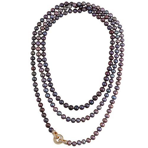 Колье (жемчуг шоколад микс 7-8мм, фианит; покрытие золото) 140см