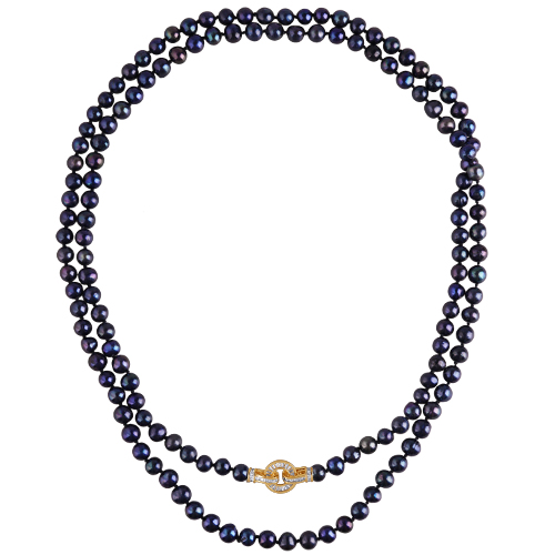 Колье (жемчуг темно-синий 7-8мм, фианит; покрытие золото) 140см