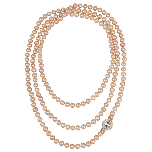 Колье (жемчуг нежный персик 7-8мм, фианит; покрытие золото) 140см