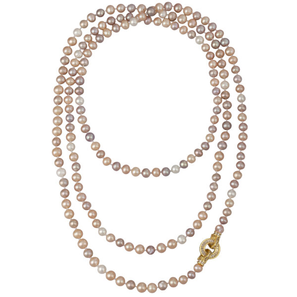 Колье (жемчуг розовый микс 7-8мм, фианит; покрытие золото) 140см