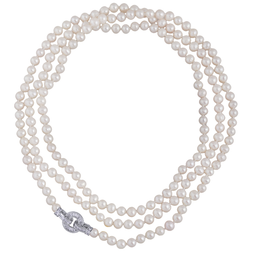 Колье (жемчуг белый 7-8мм, фианит; покрытие родий) 140см