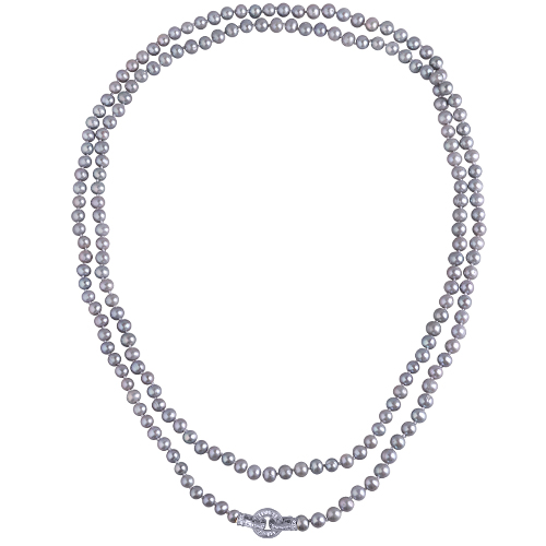 Колье (жемчуг серо-голубой 7-8мм, фианит; покрытие родий) 140см