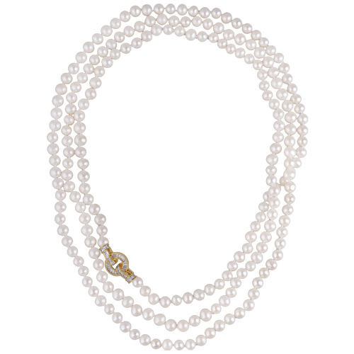 Колье (жемчуг белый 7-8мм, фианит; покрытие золото) 160см