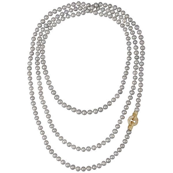 Колье (жемчуг серо-голубой 7-8мм, фианиты; покрытие золото) 160см
