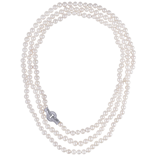 Колье (жемчуг белый 7-8мм, фианит; покрытие родий) 160см