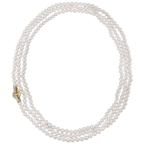 Колье (жемчуг белый 7-8мм, фианит; покрытие золото) 200см