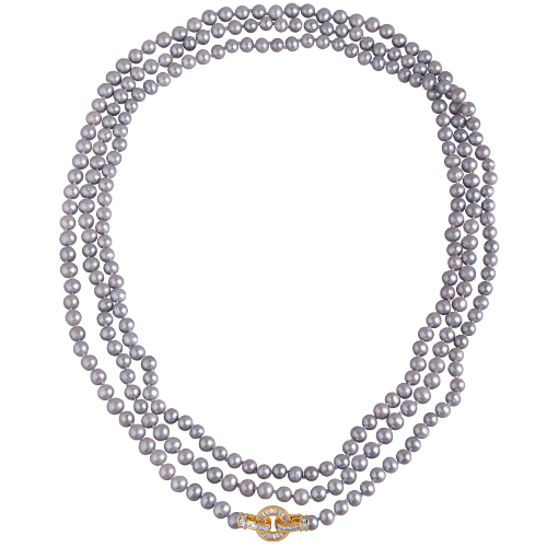 Колье (жемчуг серо-голубой 7-8мм, фианит; покрытие золото) 200см