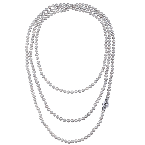 Колье (жемчуг серо-голубой 7-8мм, фианит; покрытие родий) 200см