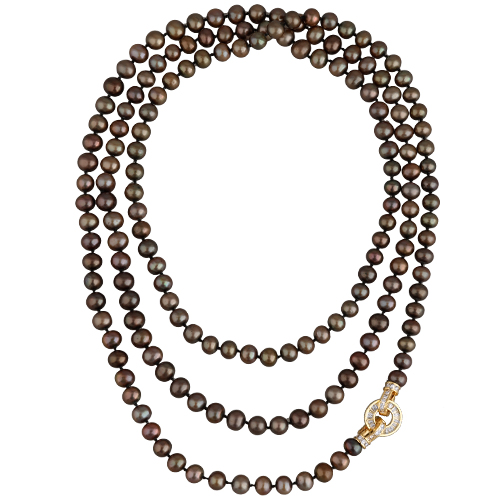 Колье (жемчуг темный шоколад 8-9мм, фианит; покрытие золото) 140см