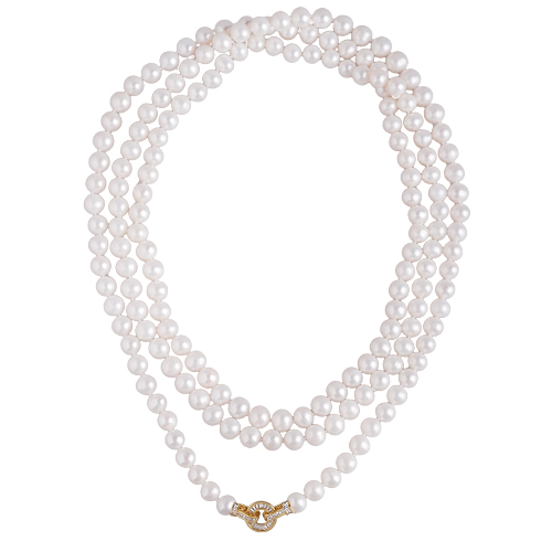 Колье (жемчуг белый 8-9мм, фианиты; покрытие золото) 160см