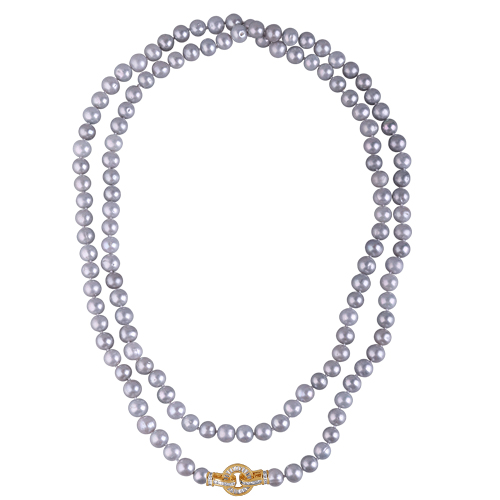 Колье (жемчуг серо-голубой 8-9мм, фианиты; покрытие золото) 160см